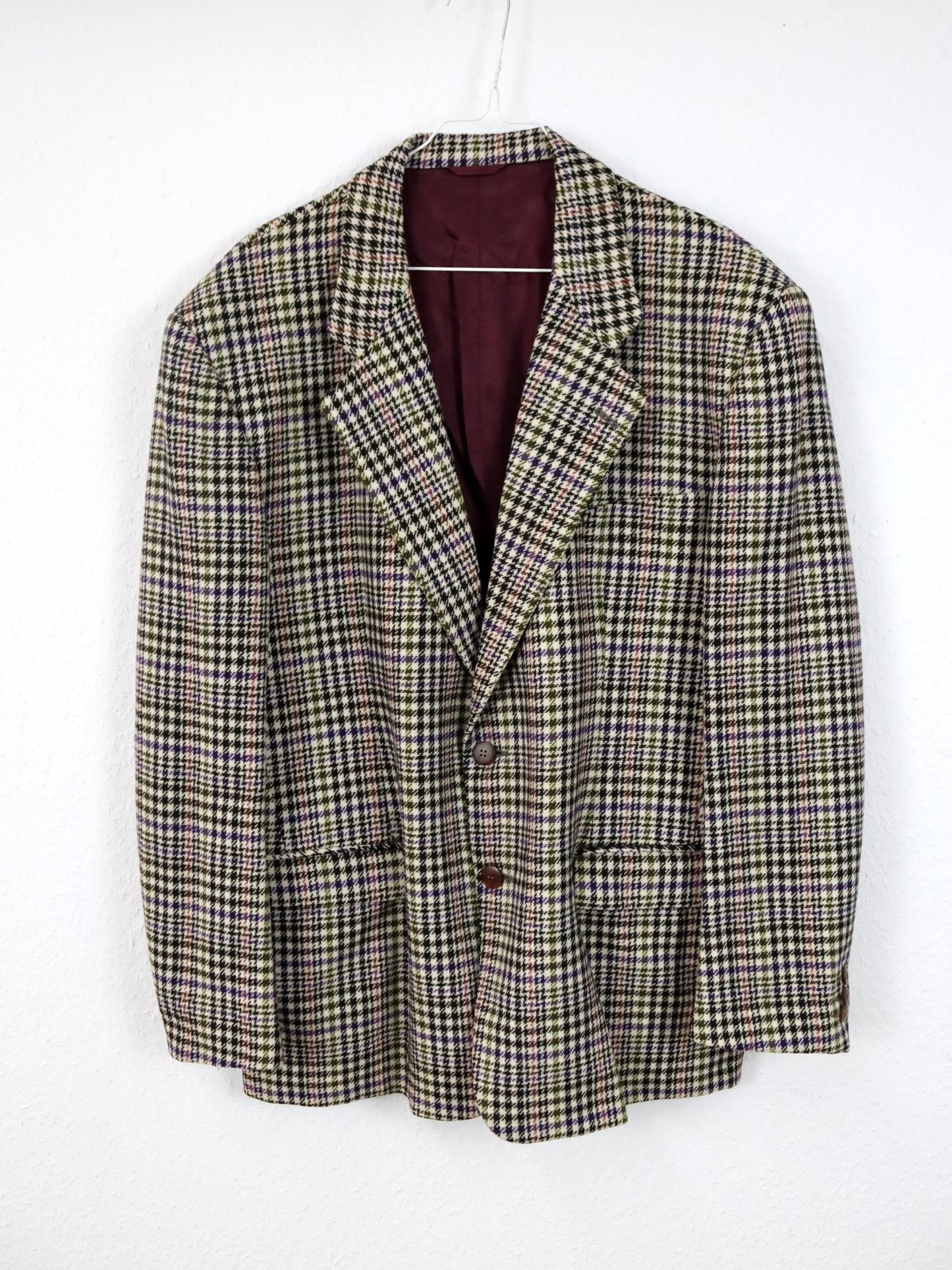 Vintage 80er 90er ENRICO COVERI Blazer kariert creme schwarz lila grün Schulterpolster L/XL