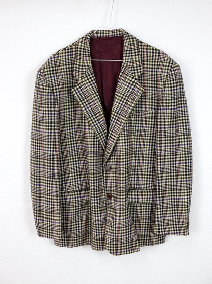 Vintage 80er 90er ENRICO COVERI Blazer kariert creme schwarz lila grün Schulterpolster L/XL