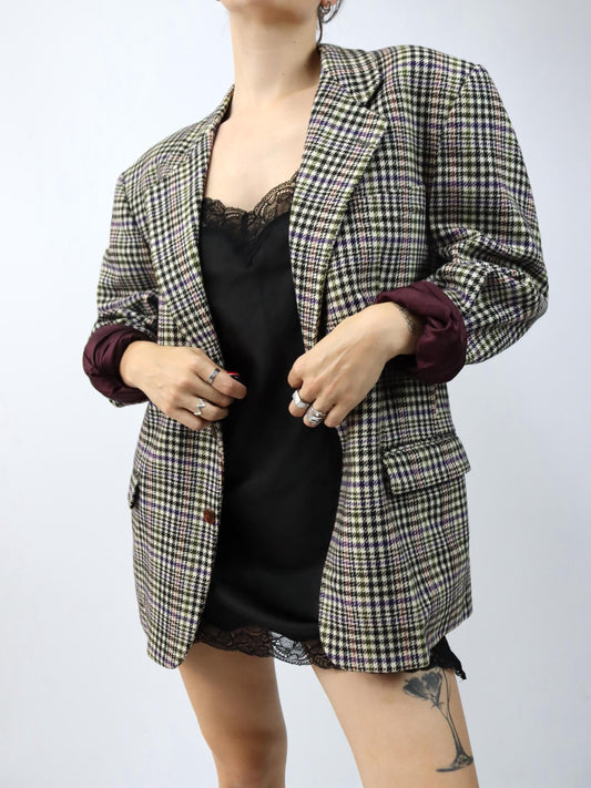 Vintage 80er 90er ENRICO COVERI Blazer kariert creme schwarz lila grün Schulterpolster L/XL