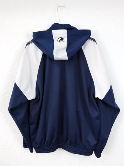 Vintage 80er 90er ASICS Trainingsjacke abnehmbare Kapuze blau weiß L