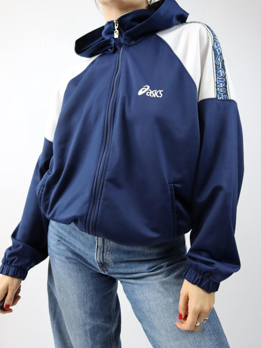 Vintage 80er 90er ASICS Trainingsjacke abnehmbare Kapuze blau weiß L