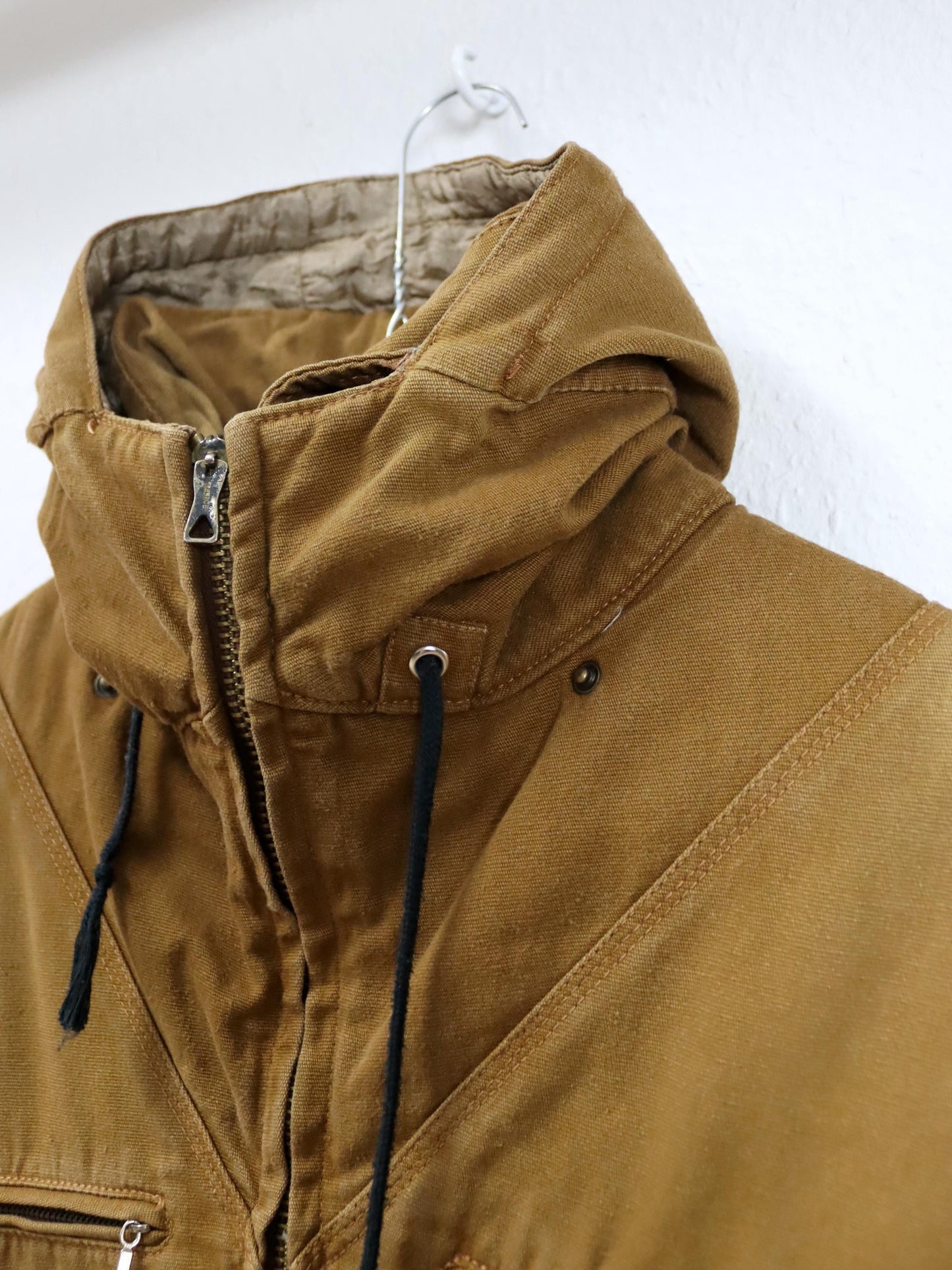 Vintage 80er 90er BELL BUTTON Weste Cargoweste leicht gefüttert Kapuze braun beige S