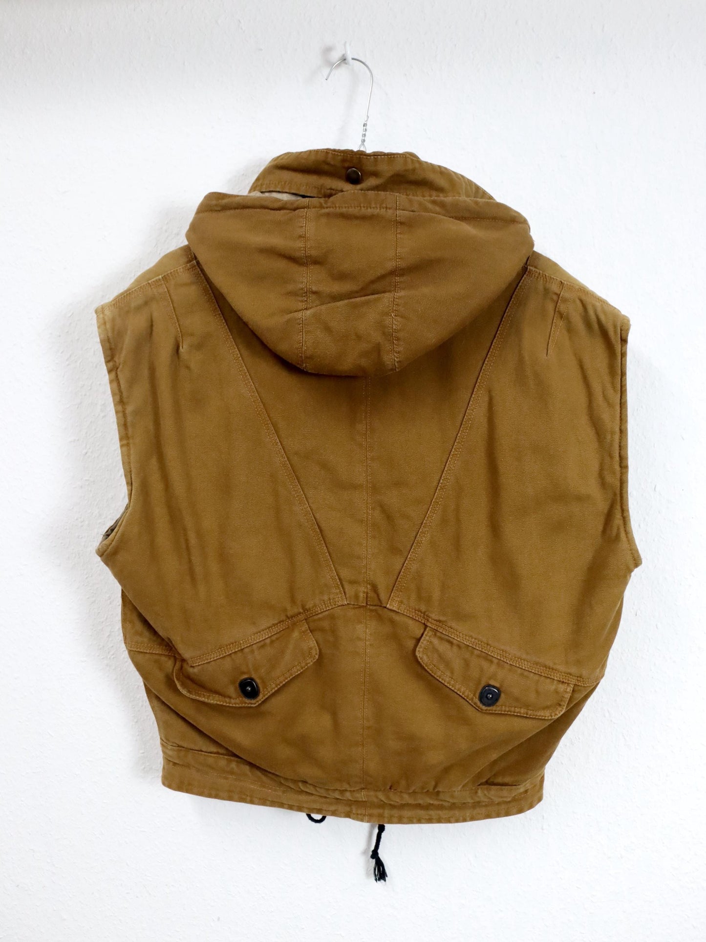 Vintage 80er 90er BELL BUTTON Weste Cargoweste leicht gefüttert Kapuze braun beige S