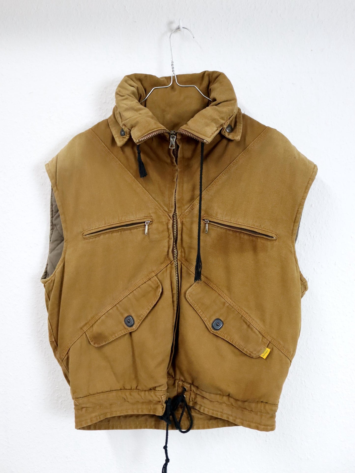 Vintage 80er 90er BELL BUTTON Weste Cargoweste leicht gefüttert Kapuze braun beige S