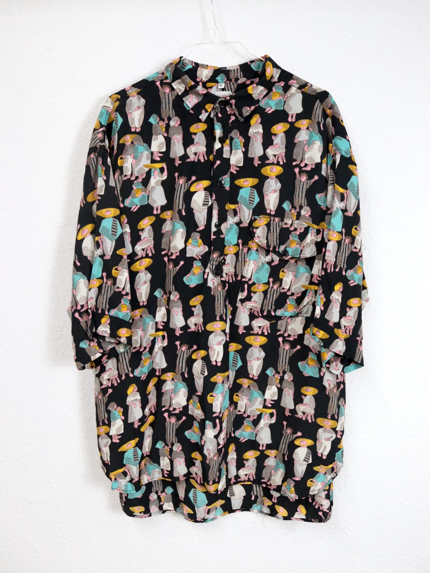 Vintage 80er 90er SASCH Hemd Polo Viskose kurzarm bunt crazy pattern XL