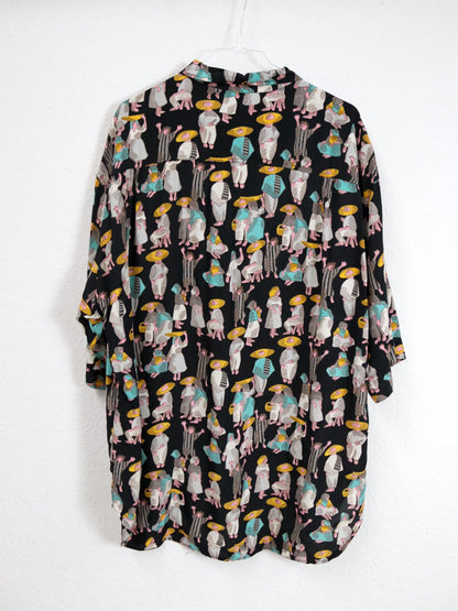 Vintage 80er 90er SASCH Hemd Polo Viskose kurzarm bunt crazy pattern XL