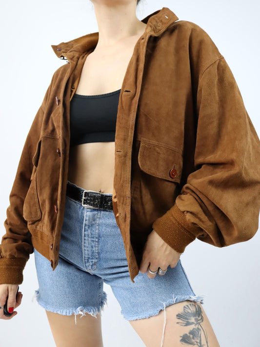 Vintage 80er 90er Blouson Bomber Wildleder Lederjacke braun 50 L