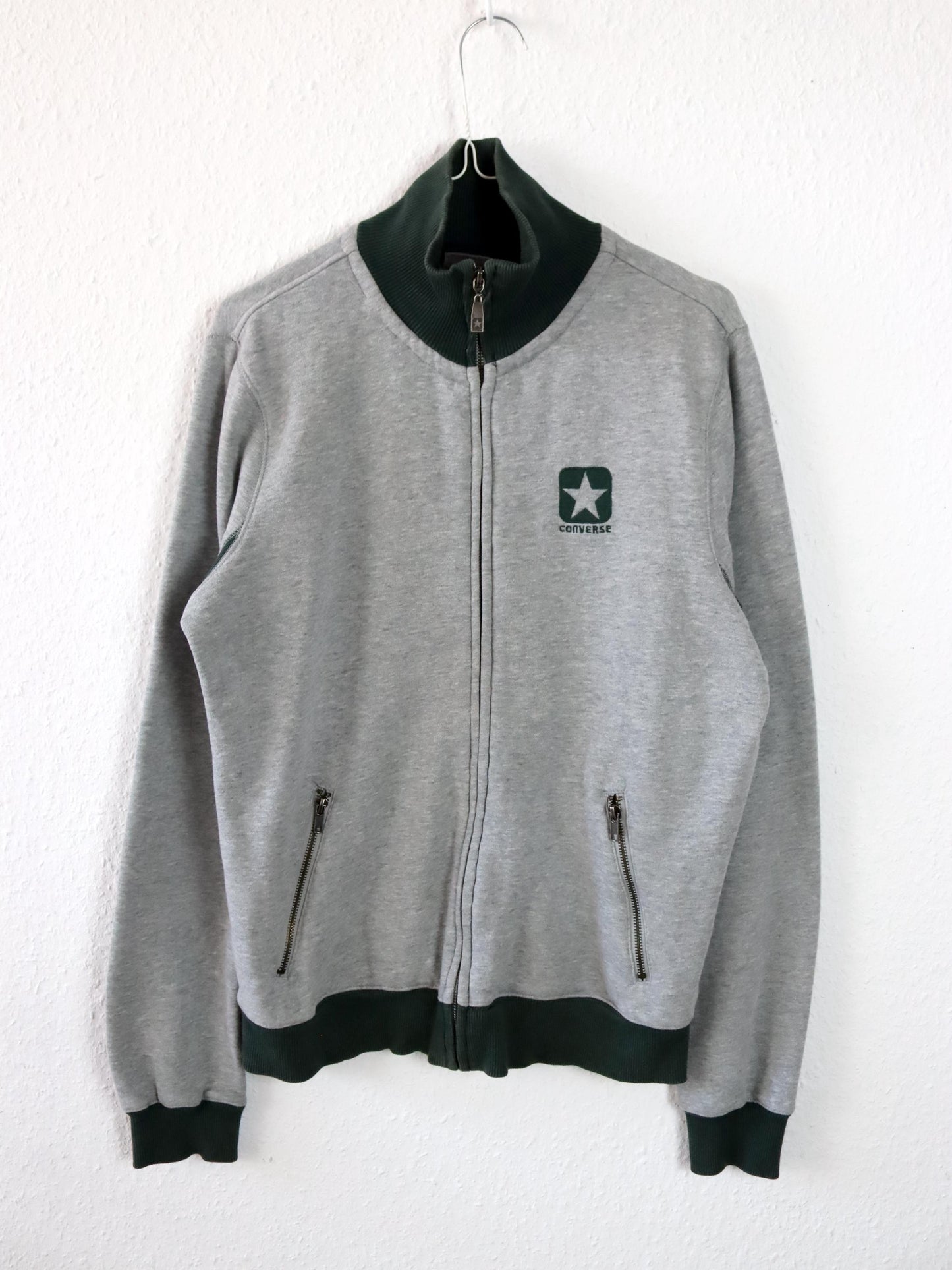 Vintage 90er Y2k CONVERSE Jacke Stehkragen grau grün innen Fleece M