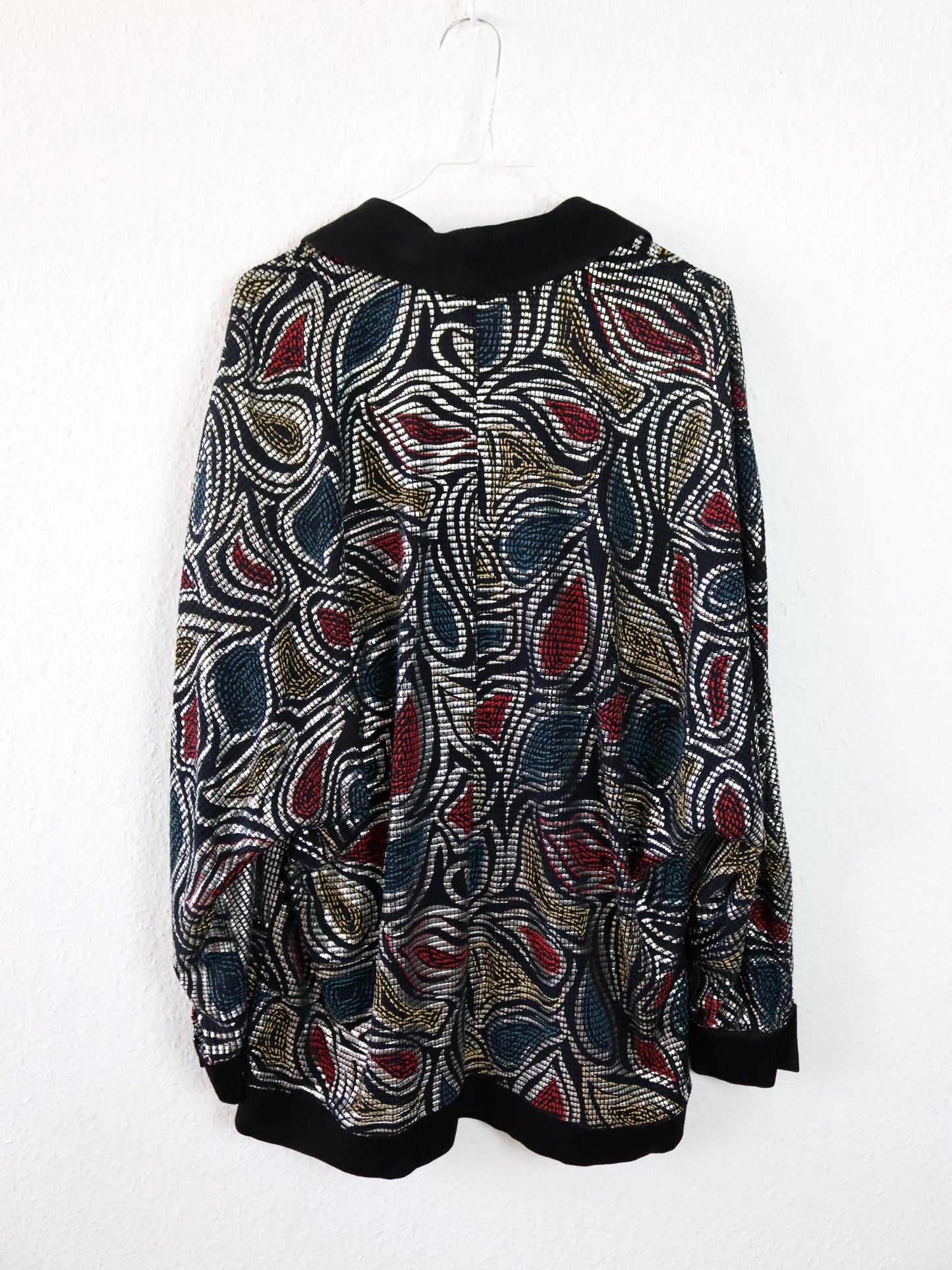 Vintage 80er 90er LETRUC Cardigan Jacke Glitzer Silber schwarz crazy pattern 40