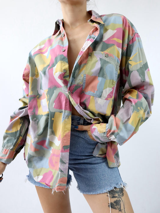 Vintage 80er 90er Hemd langarm crazy pattern bunt L