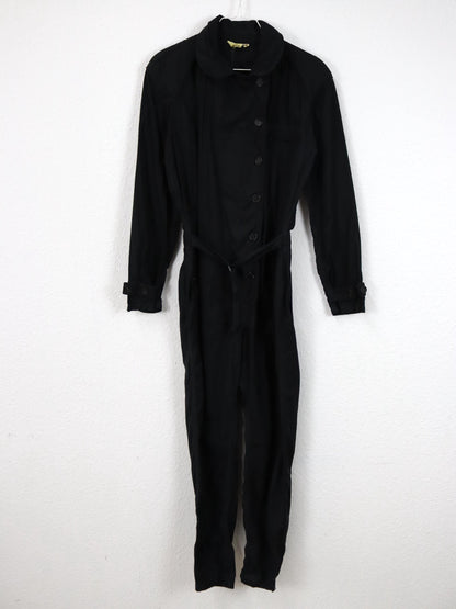 Vintage 80er 90er Overall Einteiler mit Gürtel schwarz lang Knopfleiste Schulterpolster M
