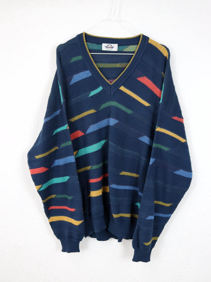 Vintage 80er 90er CLUB MARTINI RACING Pullover V-Kragen geometrisch 50 L