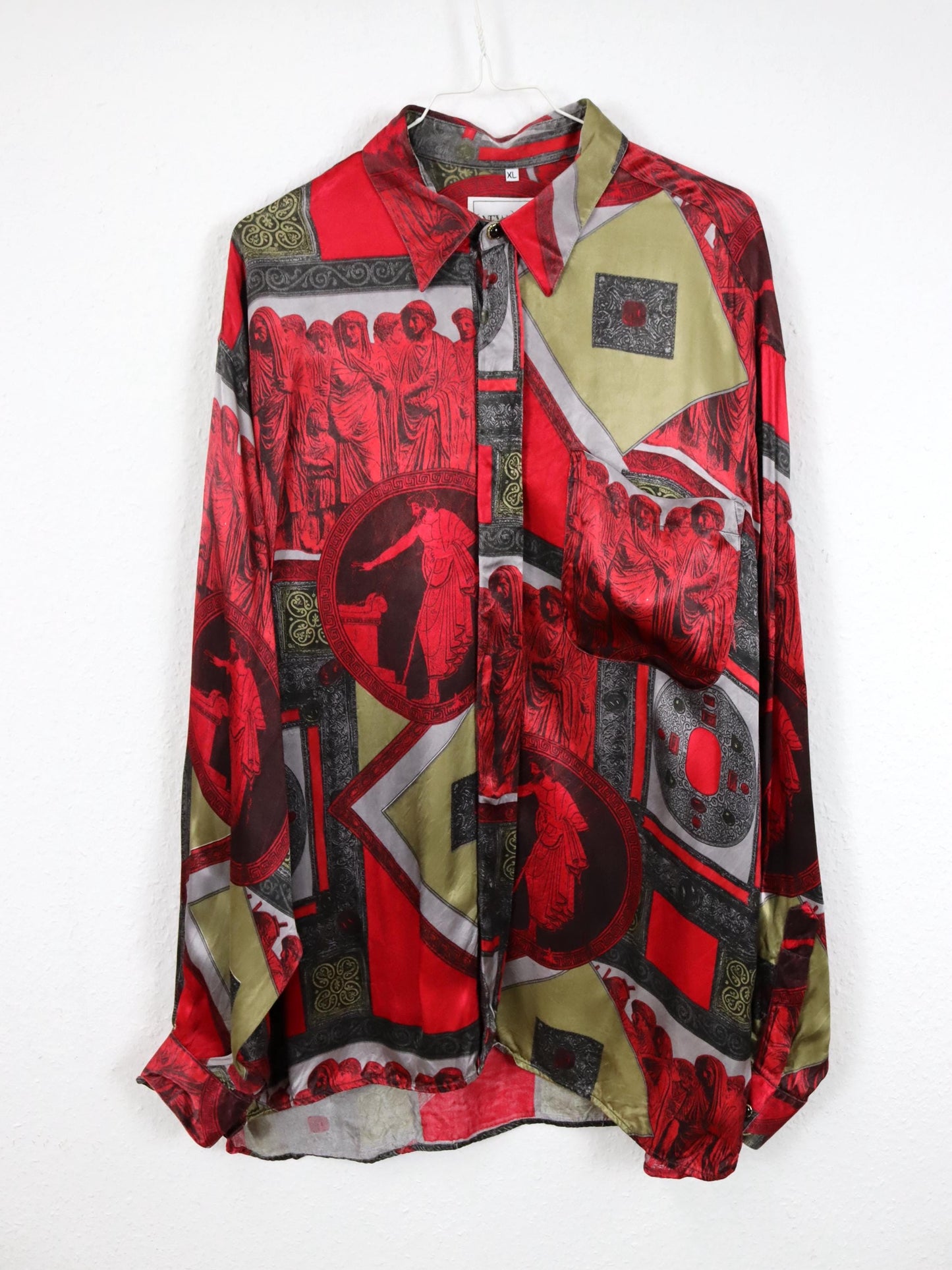 Vintage 80er 90er NEWS FASHION Hemd langarm crazy pattern rot grau khaki XL