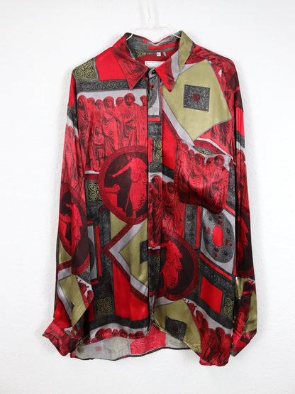 Vintage 80er 90er NEWS FASHION Hemd langarm crazy pattern rot grau khaki XL
