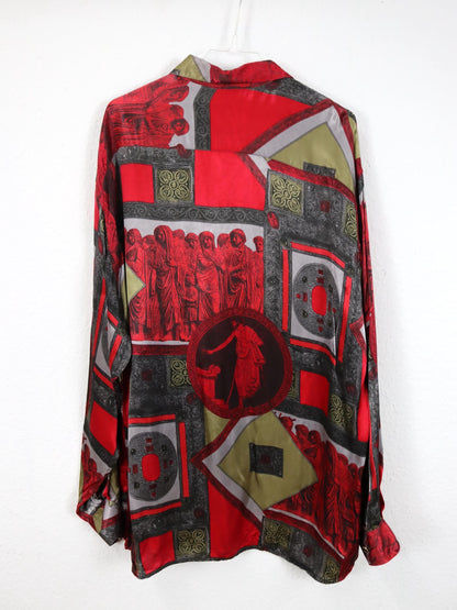Vintage 80er 90er NEWS FASHION Hemd langarm crazy pattern rot grau khaki XL