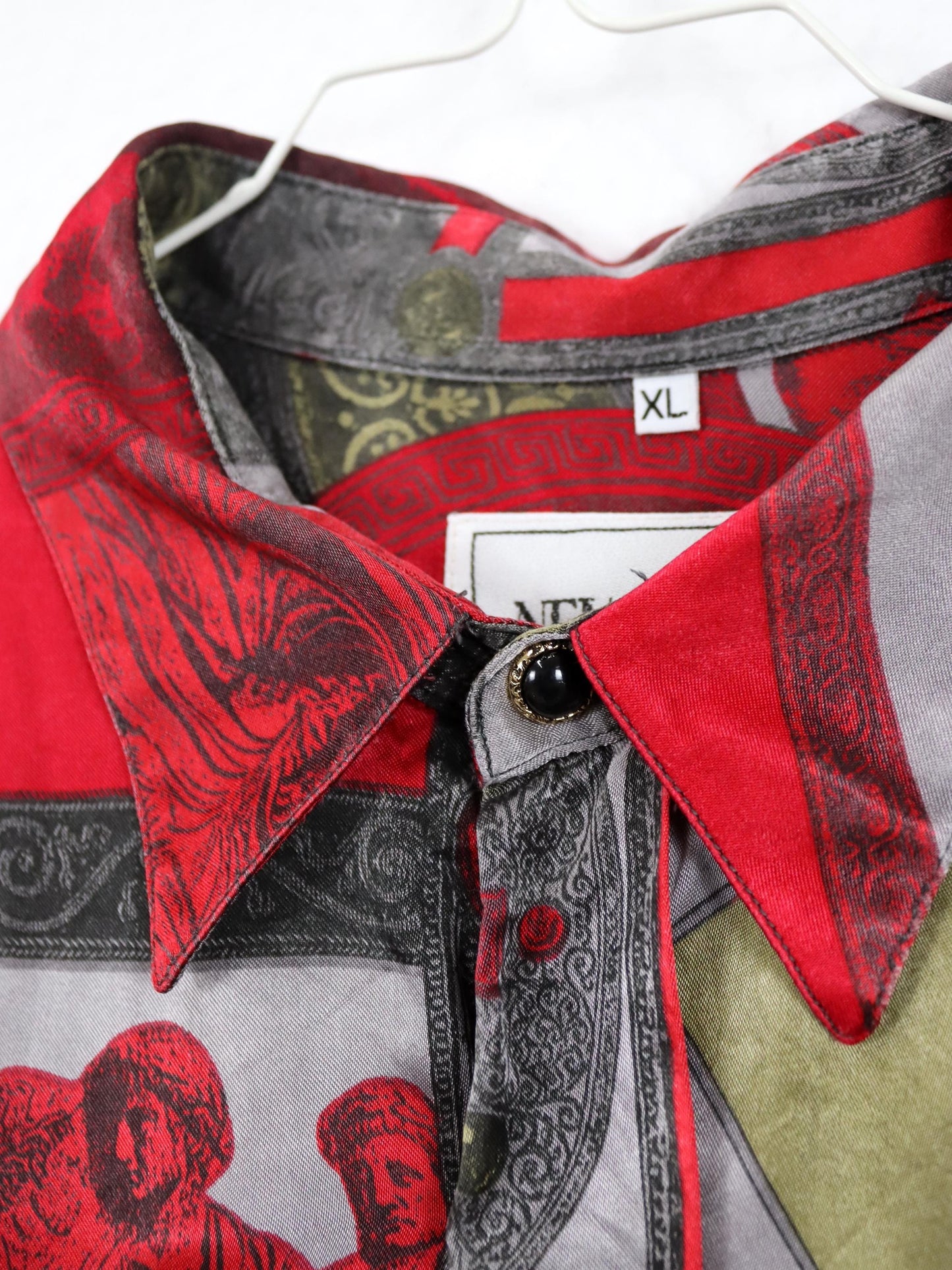 Vintage 80er 90er NEWS FASHION Hemd langarm crazy pattern rot grau khaki XL