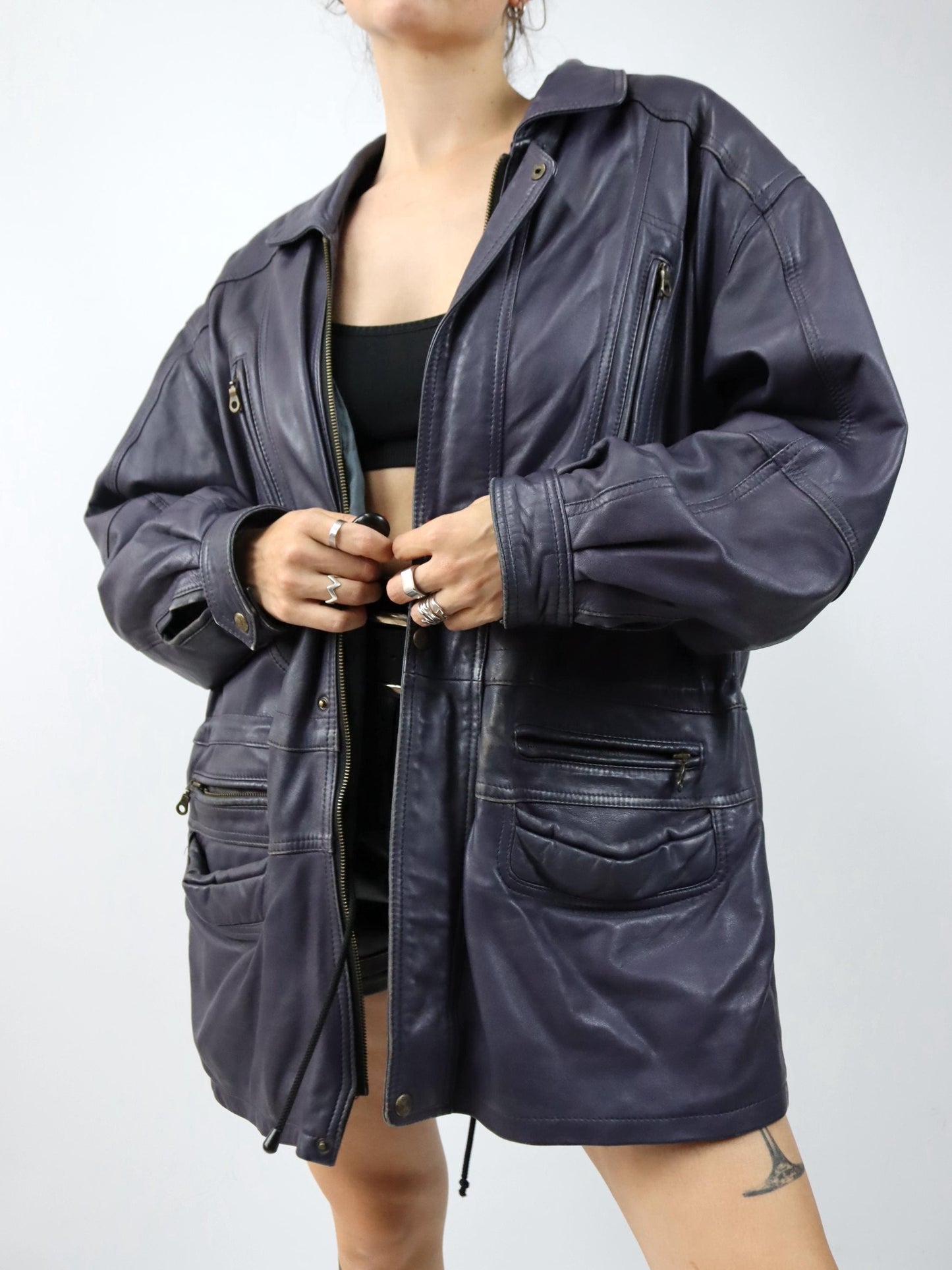 Vintage 80er 90er L.LAMBERTAZZI Mantel Jacke Leder lila Schulterpolster 54 XXL