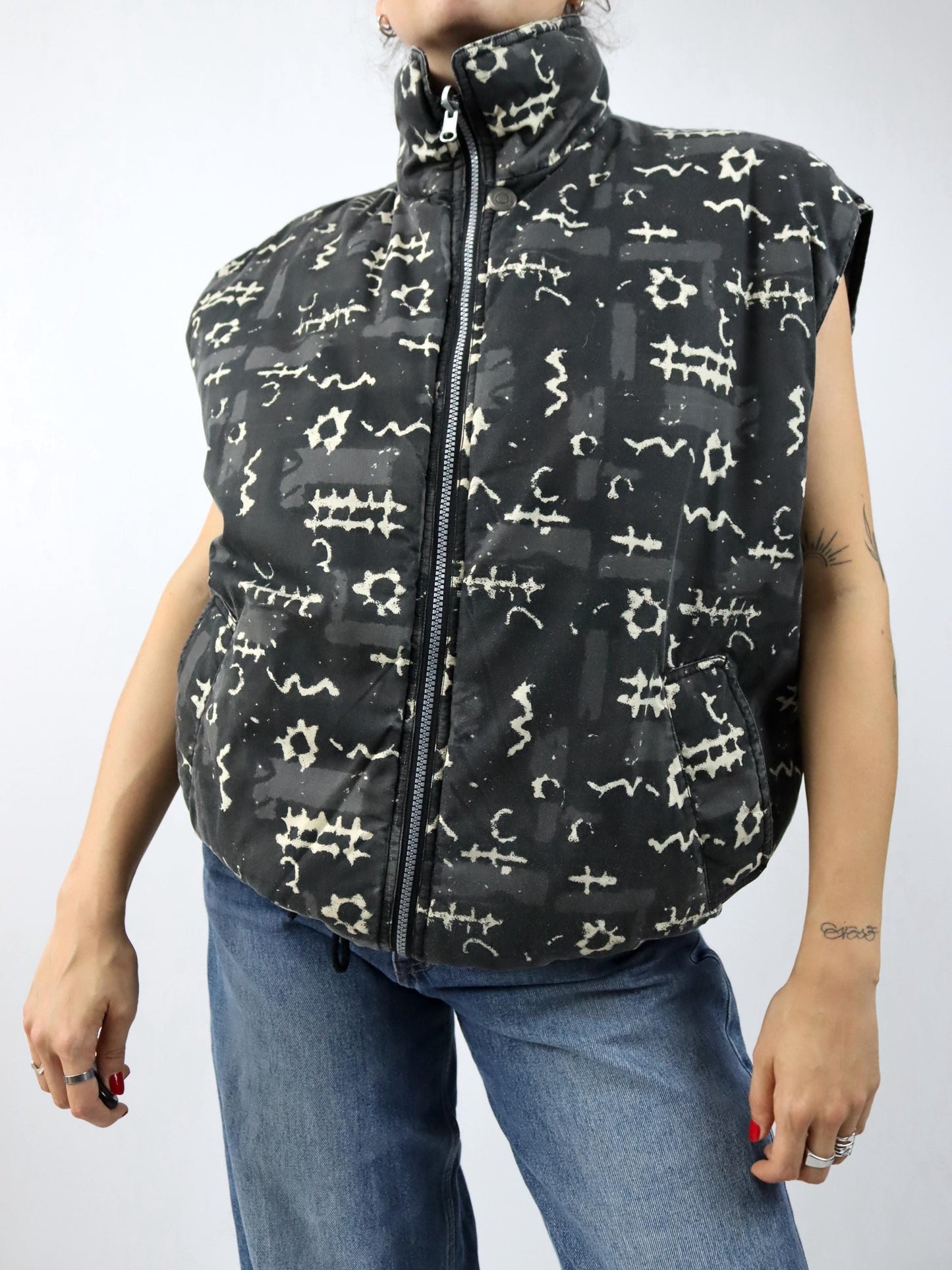 Vintage 80er 90er Wendeweste Weste crazy pattern weiß grau schwarz M/L