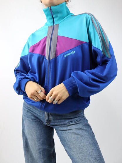 Vintage 80er 90er ADIDAS Trainingsjacke Stehkragen türkis blau lila Reißverschluss D4 S/M