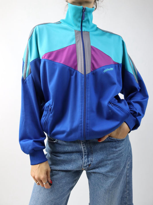 Vintage 80er 90er ADIDAS Trainingsjacke Stehkragen türkis blau lila Reißverschluss D4 S/M