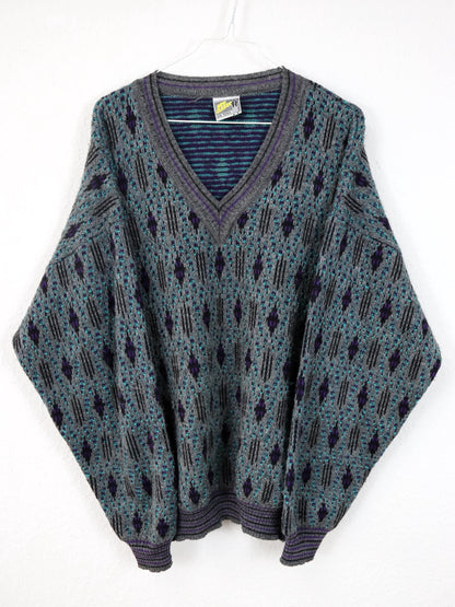 Vintage 80er 90er NEW CLASSIC Pullover Wolle V-Kragen grau lila türkis crazy pattern 50 L