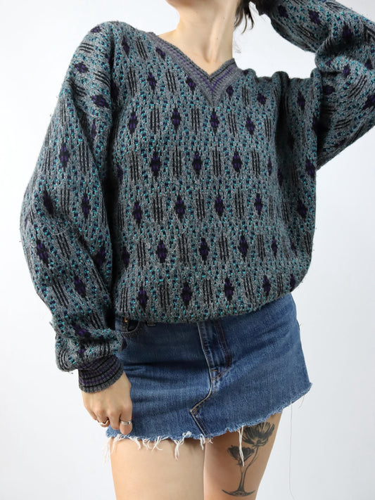 Vintage 80er 90er NEW CLASSIC Pullover Wolle V-Kragen grau lila türkis crazy pattern 50 L