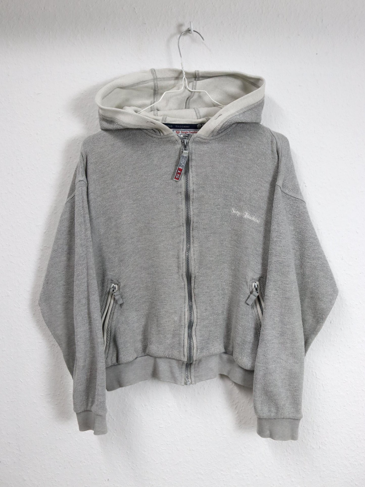 Vintage 80er 90er SERGIO TACCHINI Jacke kurz grau Kapuze M