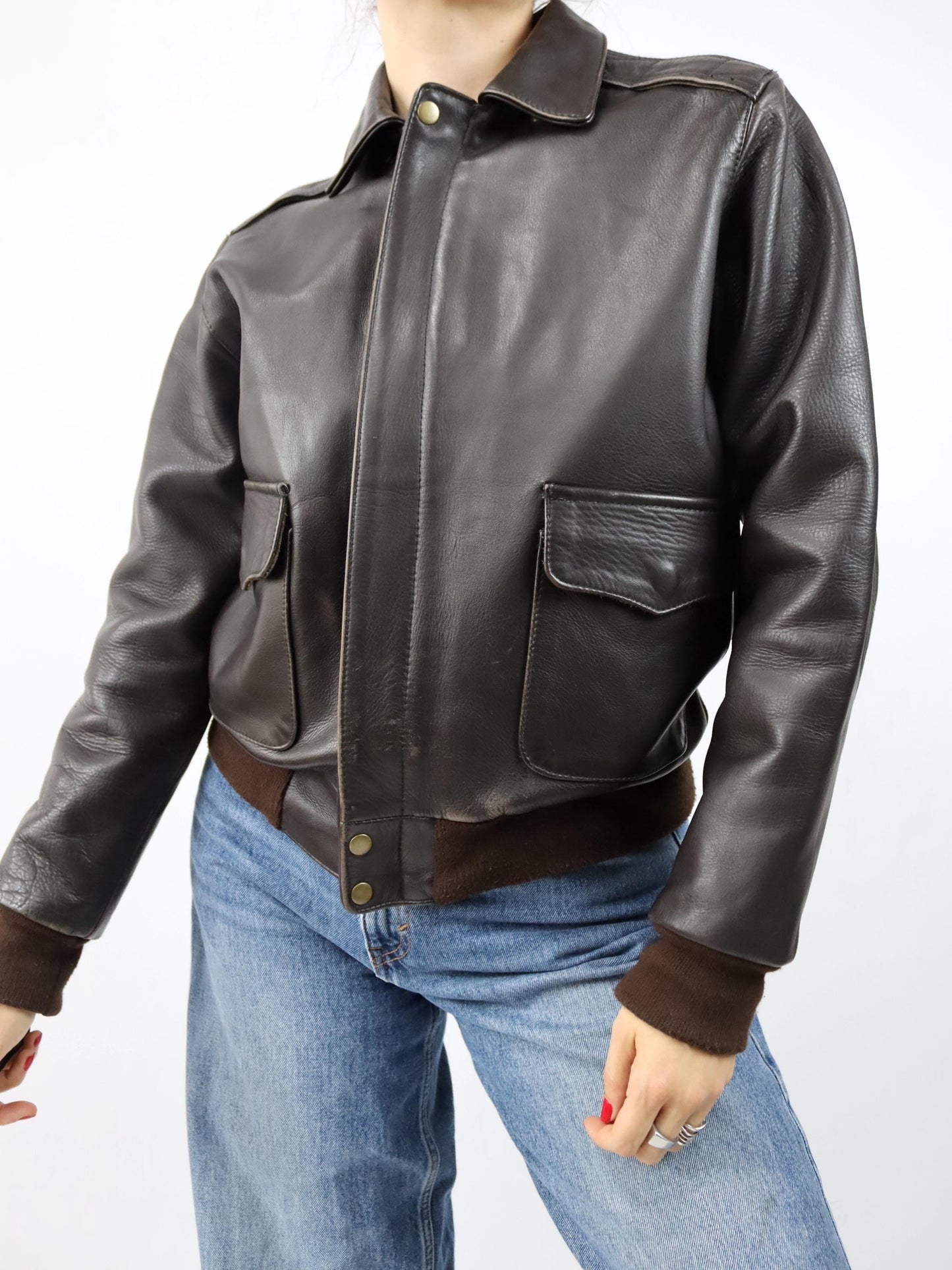 Vintage 80s 90s NOBLE HOUSE Heavy Leather Jacket Brown Bomber XS/S
