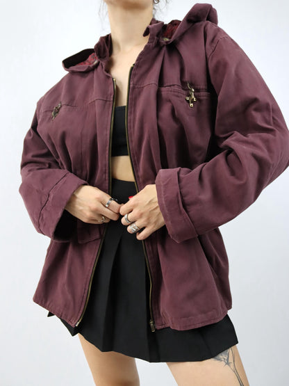 Vintage 80er 90er Jacke Mantel Kapuze burgund tailliert fireman clasp Gürtel S