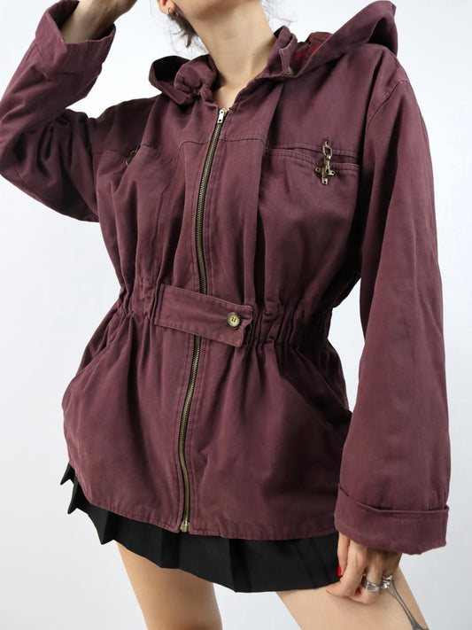 Vintage 80er 90er Jacke Mantel Kapuze burgund tailliert fireman clasp Gürtel S