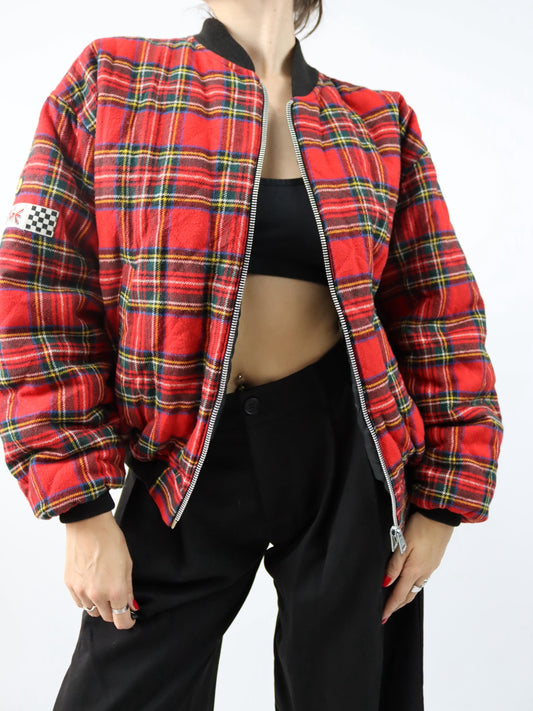 Vintage 80er 90er ENERGIE Bomberjacke Wendejacke kariert schwarz rot M