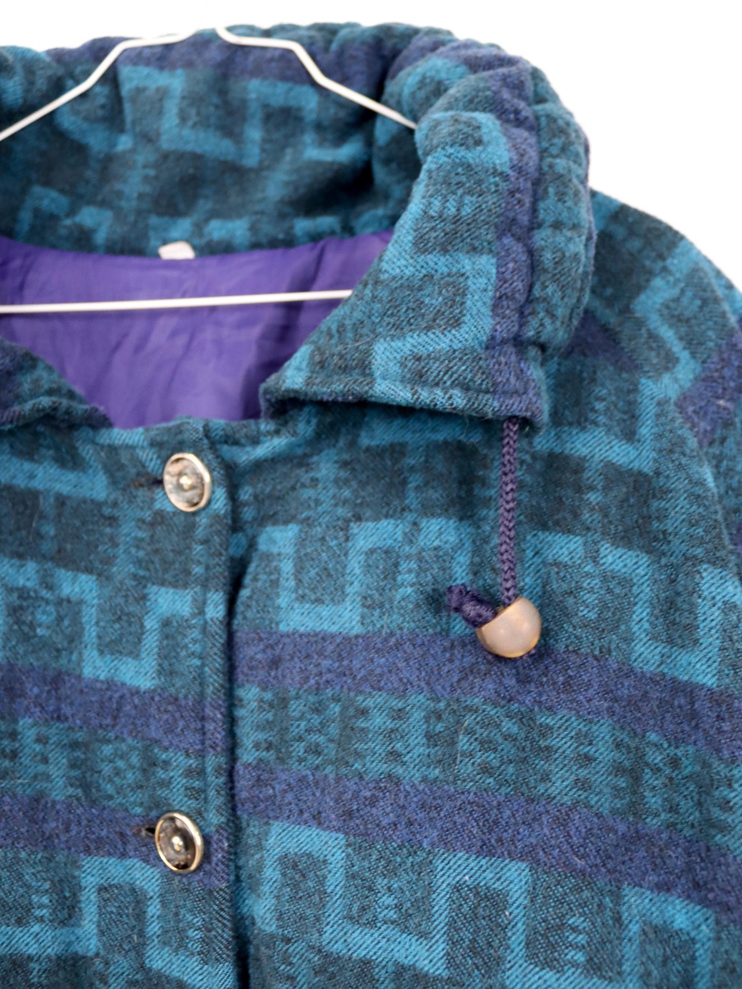 Vintage 80er 90er Wollmantel Parka Jacke mit Knopfleiste gemustert blau lila M