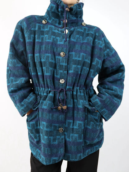 Vintage 80er 90er Wollmantel Parka Jacke mit Knopfleiste gemustert blau lila M