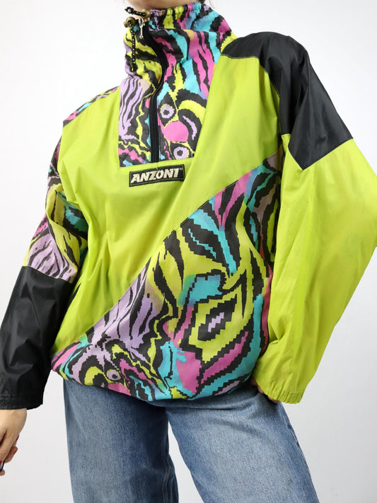 Vintage 80er 90er ANZONI Windbreaker Regenjacke Stehkragen crazy pattern bunt M