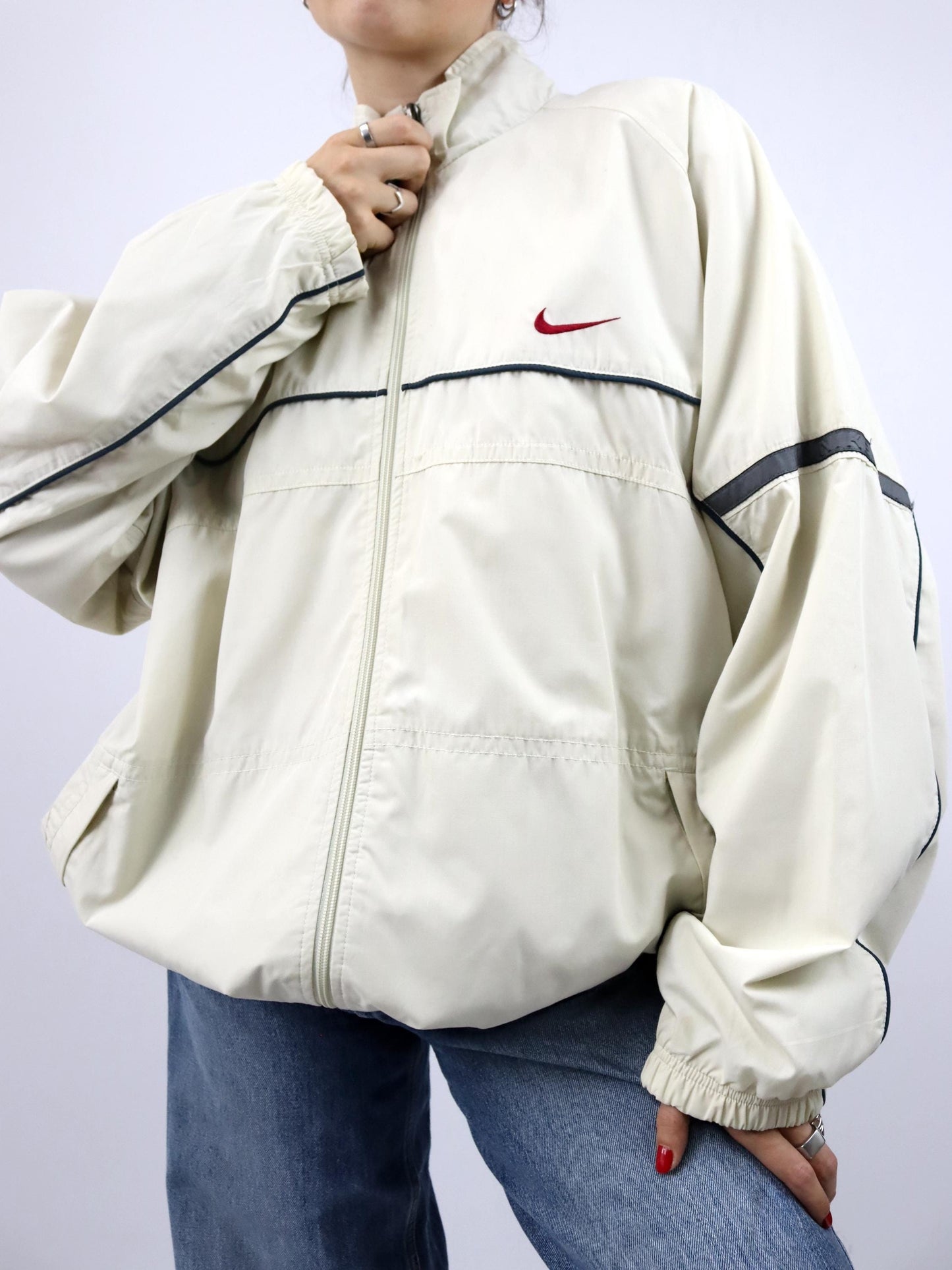 Vintage 90er Y2k NIKE Jacke leicht gefüttert Trainingsjacke cremeweiß Stehkragen XL