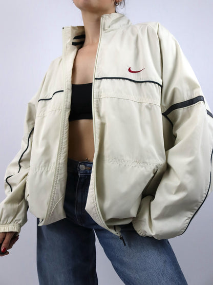 Vintage 90er Y2k NIKE Jacke leicht gefüttert Trainingsjacke cremeweiß Stehkragen XL
