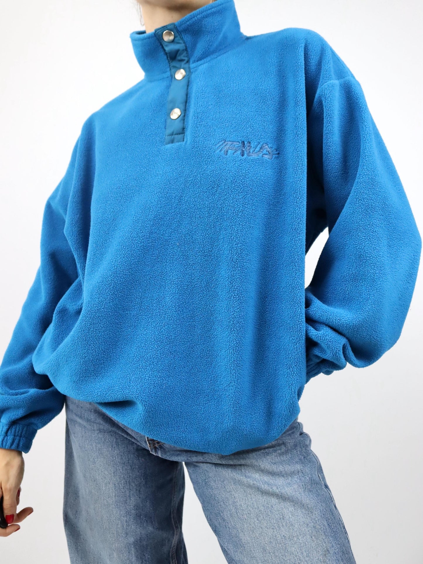 Vintage 80er 90er FILA Magic Line Fleecepullover Stehkragen blau Stickerei 48 M