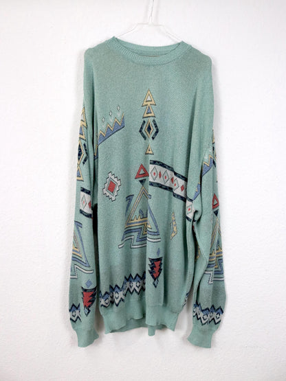 Vintage 80er 90er CAGI Pulloverkleid Strickpullover gemustert mintgrün pastel 48 XXL