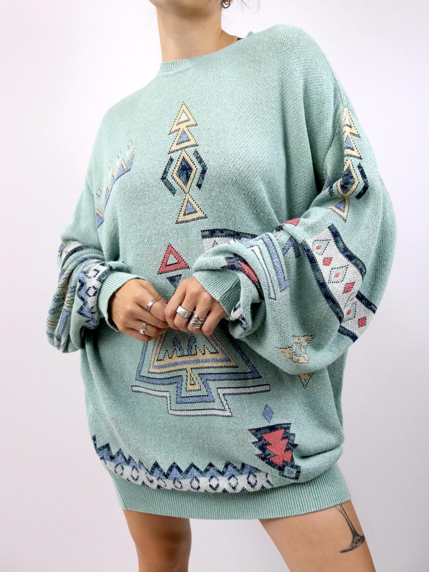Vintage 80er 90er CAGI Pulloverkleid Strickpullover gemustert mintgrün pastel 48 XXL