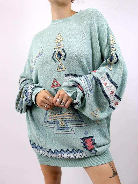 Vintage 80er 90er CAGI Pulloverkleid Strickpullover gemustert mintgrün pastel 48 XXL