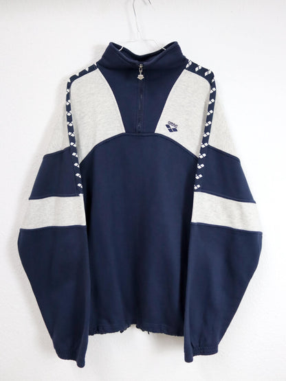 Vintage 80er 90er ARENA Sweatshirt Pullover Stehkragen dunkelblau grau XL