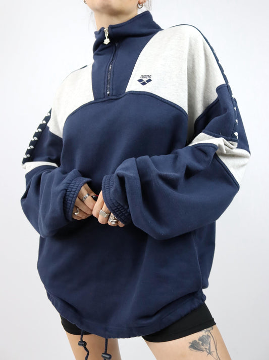 Vintage 80er 90er ARENA Sweatshirt Pullover Stehkragen dunkelblau grau XL
