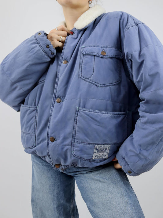 Vintage 80er 90er HERCULES Workwear Jacke Bomberjacke gefüttert faux fur Kragen blau Knopfleiste XL