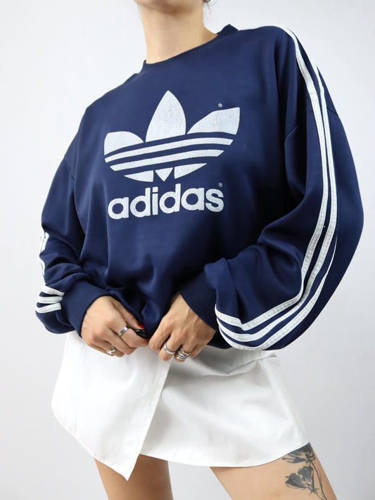 Vintage 80er 90er ADIDAS Sweatshirt Pullover Print weiß dunkelblau D6 M