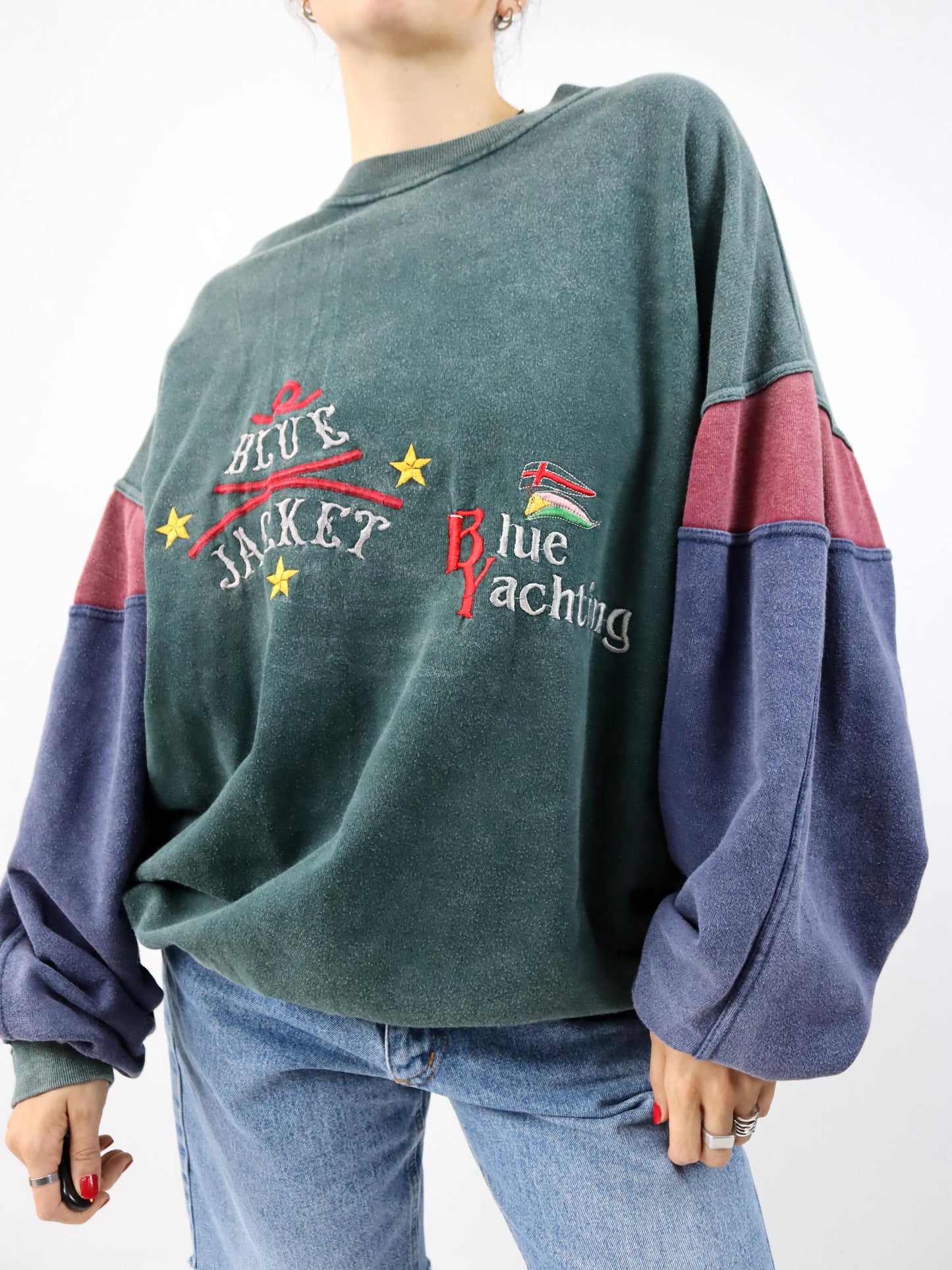 Vintage 80er 90er TEQUILA BOOM Sweatshirt Pullover Stickerei Yachting grün blau rot XXL
