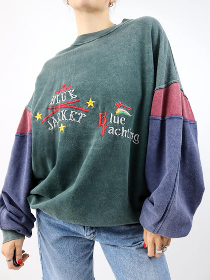 Vintage 80er 90er TEQUILA BOOM Sweatshirt Pullover Stickerei Yachting grün blau rot XXL