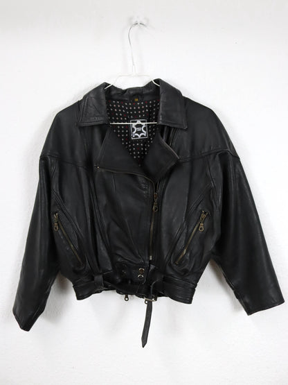 Vintage 80er 90er Bikerjacke Lederjacke mit Gürtel crop schwarz S