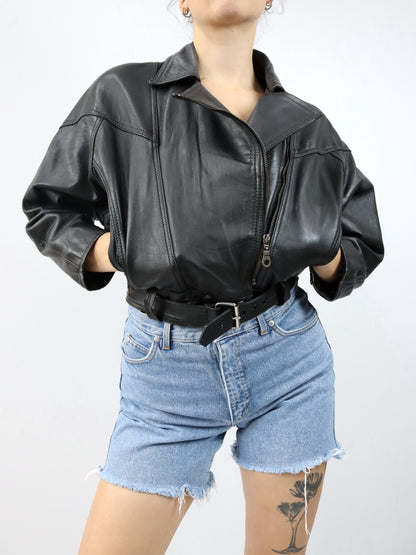 Vintage 80er 90er Bikerjacke Lederjacke mit Gürtel crop schwarz S