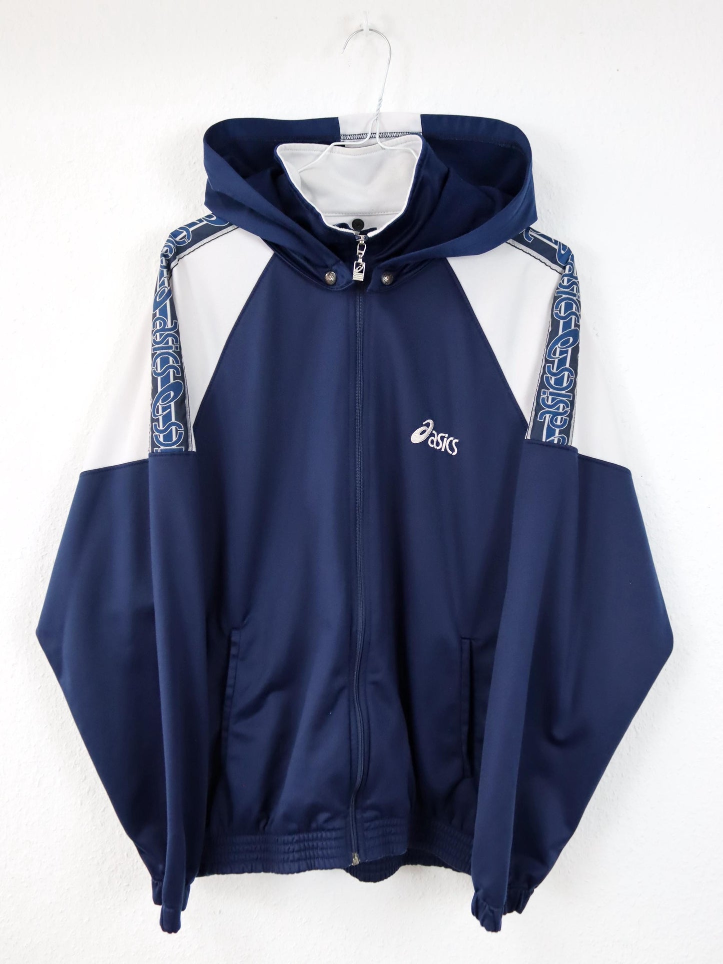 Vintage 80er 90er ASICS Trainingsjacke abnehmbare Kapuze blau weiß L