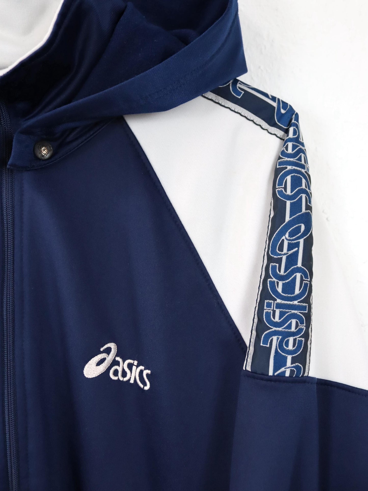 Vintage 80er 90er ASICS Trainingsjacke abnehmbare Kapuze blau weiß L